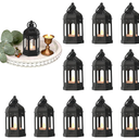 Mini Moroccan Lanterns with Flicker LED Candles Set of 12, Black Vintage Decorative Hanging Lanterns for Ramadan Decorations, Christmas, Halloween, Wedding Decor, Party, Table Centerpiece