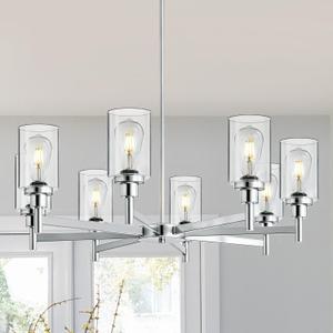Modern 8-Light Chrome Chandelier, 31.5 Inch Farmhouse Chandeliers with Glass Lampshade, Industrial Hanging Light Fixture for Dining Room, Living Room, Kitchen Island, Foyer, Entryway, E26 Base