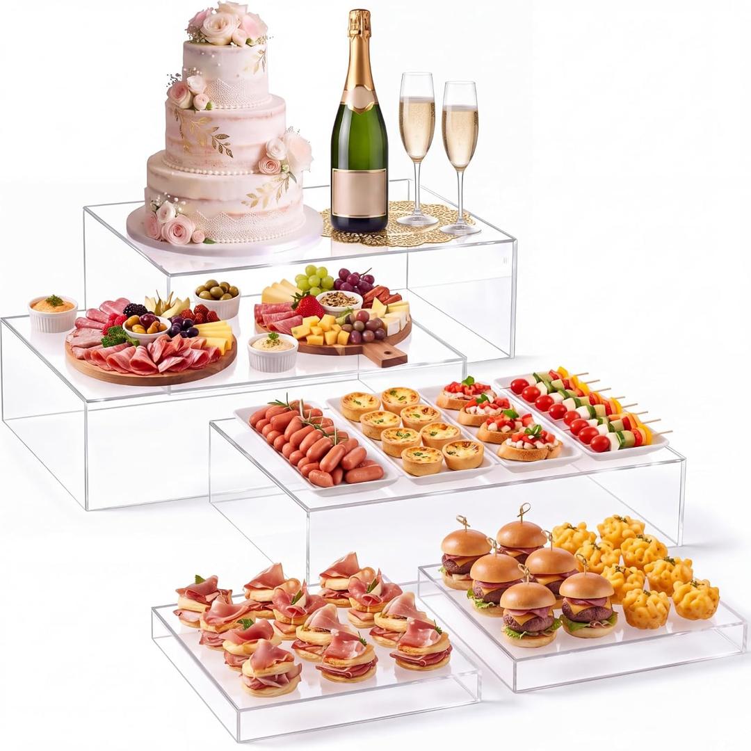 Leinuosen 5 Pcs Extra Large Buffet Risers Set Rectangle Acrylic Display Box Catering Dessert Table Riser Food Display Decorative Stand with Hollow Bottom for Catering(Clear)