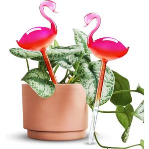 Self-Watering Glass Globes 2PCS Flamingo Gradient Hot Pink 10" Long Hand Blown Bulbs Pot Plant Waterer Home Indoor Outdoor Garden Patio Hanging Flower Spike Decorative Automatic Irrigation System
