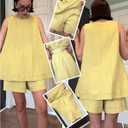 Gozoloma Womens 2 Piece Outfits Sleeveless Matching Sets A Line Tank Tops Contrast Stitching High Waist Shorts with Pockets (L)