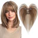 MY-LADY Human Hair Toppers for Women Real Human Hair with Air Bangs Hand-Tied Thin Light Weight 9 * 12CM Lace Base Clip in Remy Hairpieces 11 Inch Medium Brown & Dark Blonde
