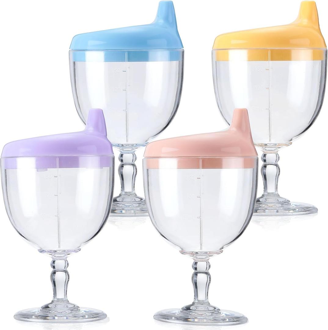 4 Pcs Baby Wine Sippy Cup Goblet Plastic Wine Glass Sippy Cup Beverage Mug Milk Bottles with Lid Baby Stemware for Toddlers Kids Birthday Christmas Party Celebration, Blue, Pink, Yellow, Purple