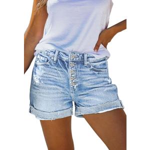 Pink Queen Women's High Waisted Denim Shorts Casual Ripped Summer Hot Short Jeans Frayed Distressed Jeans Shorts with Pockets (Large, B - Light Blue)