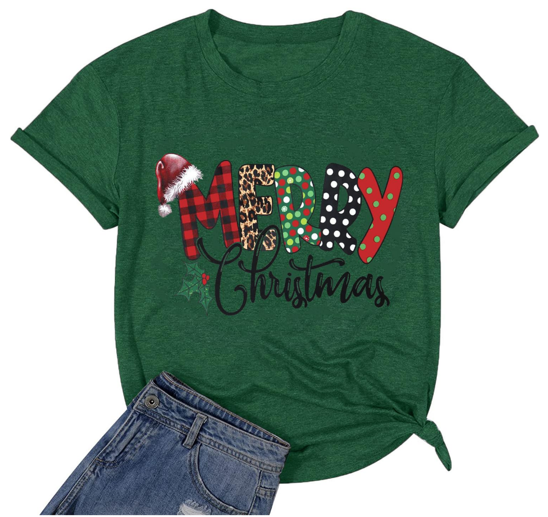 Merry Christmas Letter Print Crew Neck Casual Comfy T Shirts for Women Loose Fit Graphic Trendy Funny Family Xmas T Shirts for Women Family Holiday Letter Print Tee Tops(Green XL)
