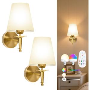 Yollzey Battery Operated Wall Sconces Set of 2, Cordless Dimmable LED Wall Lights with Rechargeable 5800mAh 15 Colors Bulb and Remote, Gold Wall Lamp for Porch Bedroom Living Room Fireplace