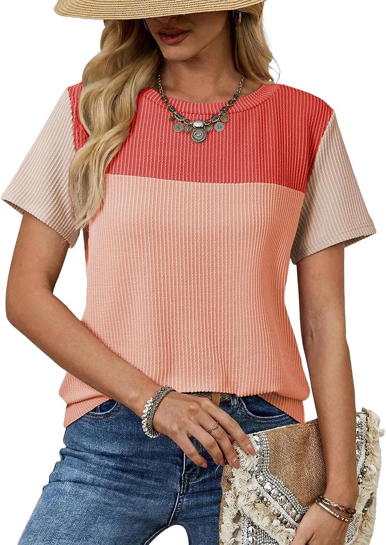 Dokotoo Womens Summer Tops 2026 Casual Color Block Womens T Shirts Loose Fit Crewneck Knitted Tops Trendy (M)
