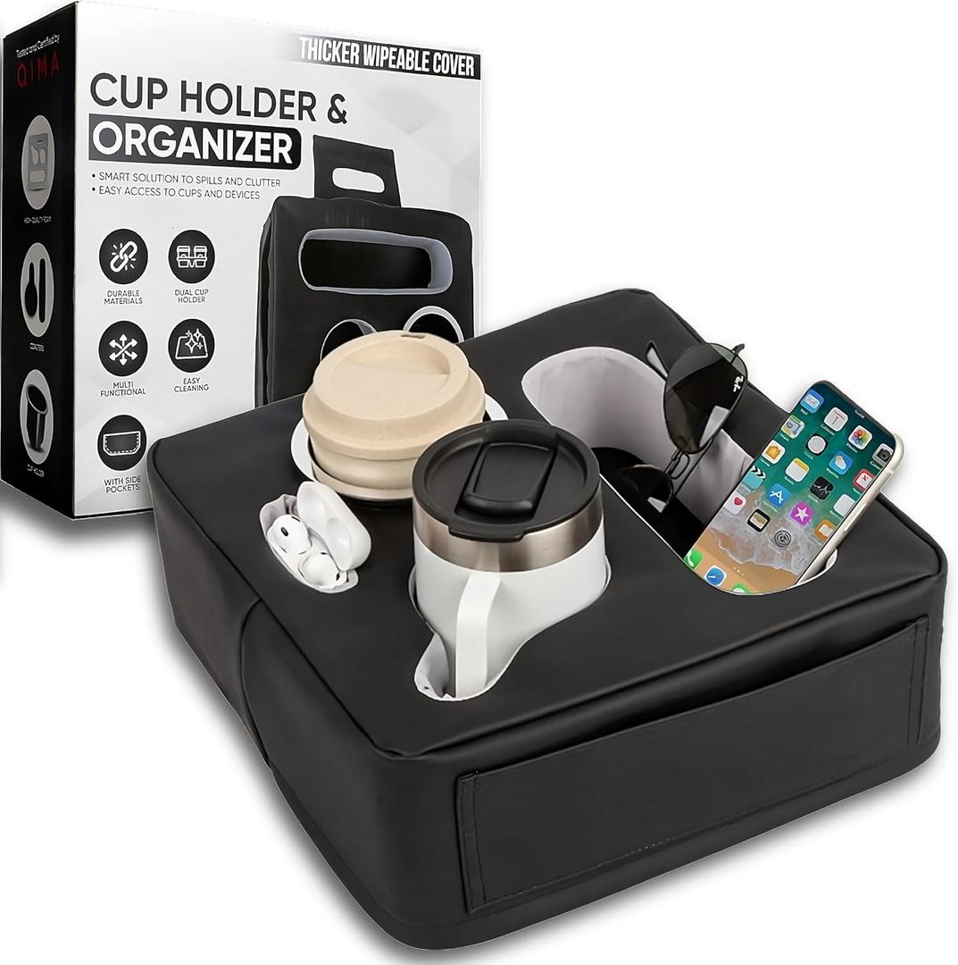 Premium Couch Cup Holder Tray  5-in-1 Faux Leather Console Caddy for Couch, Bed, Car & RV - Non-Slip, Spill-Resistant Organizer for Remotes, Snacks, Drinks & More - Travel-Friendly Cup Holder (Matte Black and Premium Grey)