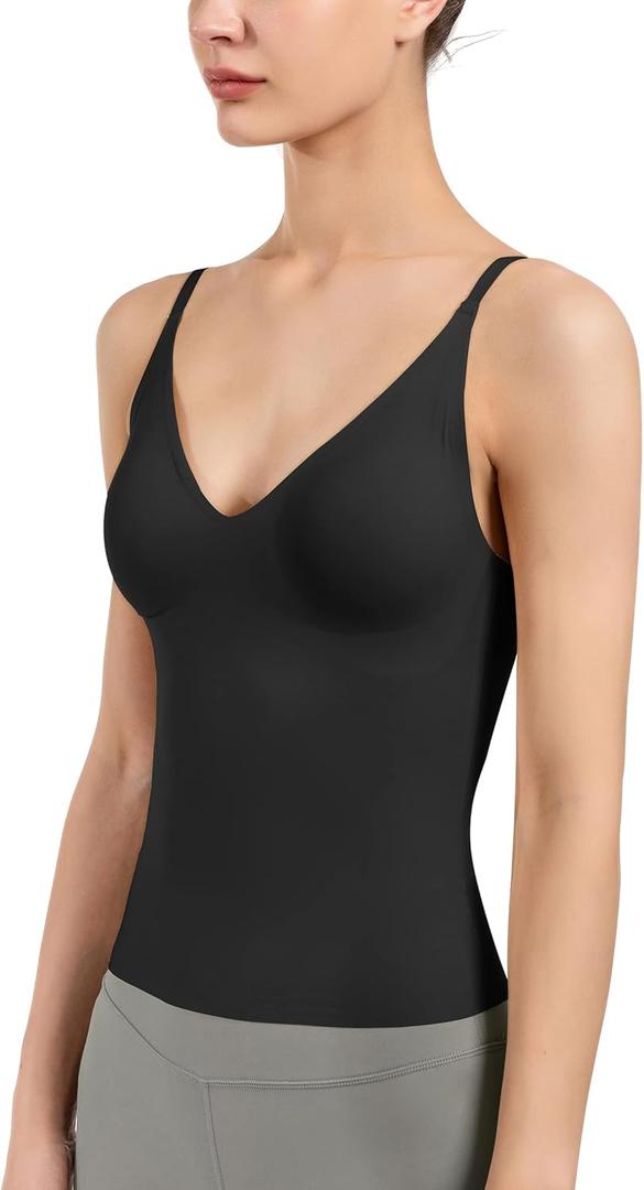 Women's Fit Camisole with Built in Bra - Spaghetti Straps Camis Tank with Chest pad One-Piece Cut Seamless (M, A-Style-Black)