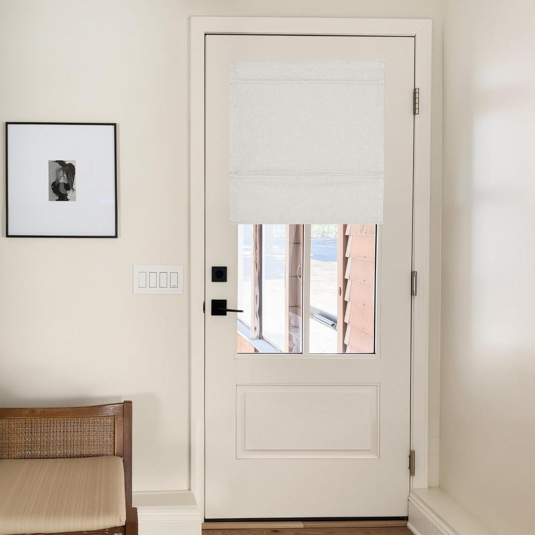 NICETOWN 100% Blackout No Drill Roman Shades for Windows & French Door, Linen Blend Cordless Door Curtain with Magnetic Lift, Easy Install Privacy Window Blind, Off White, W 27 x L 72, 1 Panel