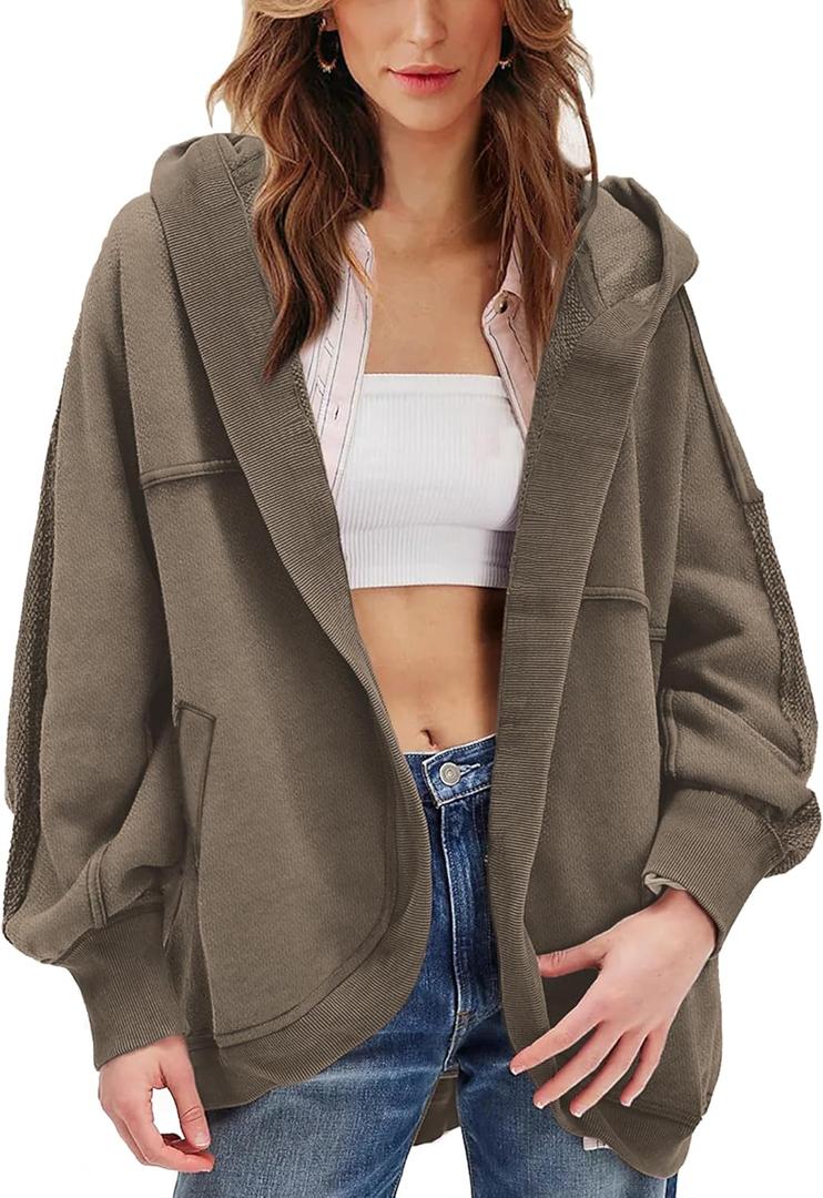 Women Oversized Hoodie Cardigan Jacket Casual Open Front Raglan Sleeve Sweatshirt 2026 Outfits with Pockets (M)