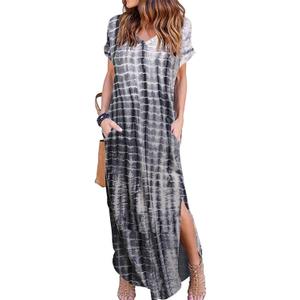 HUSKARY Women's Summer Maxi Dress Casual Loose Pockets Long Dress Short Sleeve Split Maxi Dresses, L