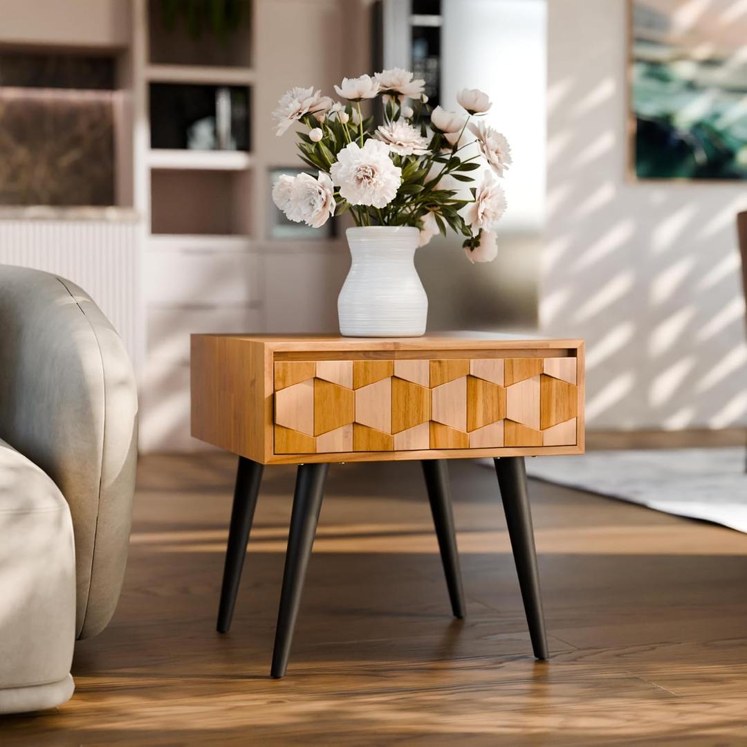 Bme Georgina Solid Wood Nightstands with Drawers - Fully Assembled Rustic Geometric Pattern Bedside Cabinet - Mid Century Modern Side Table for Living Room, Bedroom (Teak Brown)