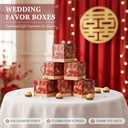 HannaFires 50PCS Chinese Wedding Double Happiness Favors - Red Floral Candy Treat Gift Boxes with Handle, Chinese Style Party Favor Boxes for Guests, Engagement, Wedding & Celebration