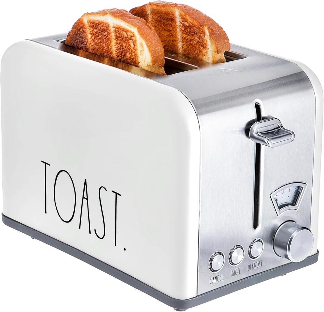 Rae Dunn Toaster, Stainless Steel 2 Slice Square Toaster, Wide Slot with 5 Browning Levels, with Bagel, Defrost and Cancel Options (White)