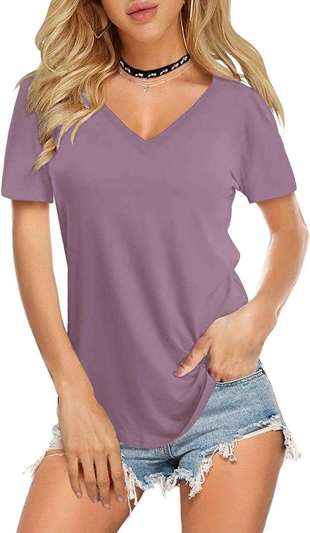 Amoretu Womens T Shirts V Neck Short Sleeve Tshirt Basic Tee Curved Hem Tops, Large