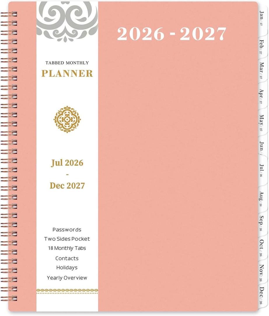2026-2027 Monthly Planner - Monthly Planner 2026-2027, Jul. 2026 - Jun. 2027, 9" x 11", 12-Month Planner, Tabs & Pocket, Twin-Wire Binding - Rosy Pink