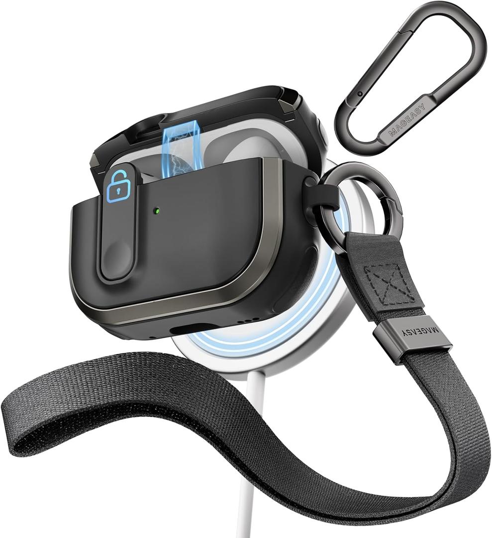 MAGEASY Design for AirPods Pro 2 Case Cover - Rugged AirPods Pro Case with Lock | Work with Cable, Official Apple Watch & MagSafe Charging | Include Carabiner & Wrist Strap - Odyssey, Metal Black
