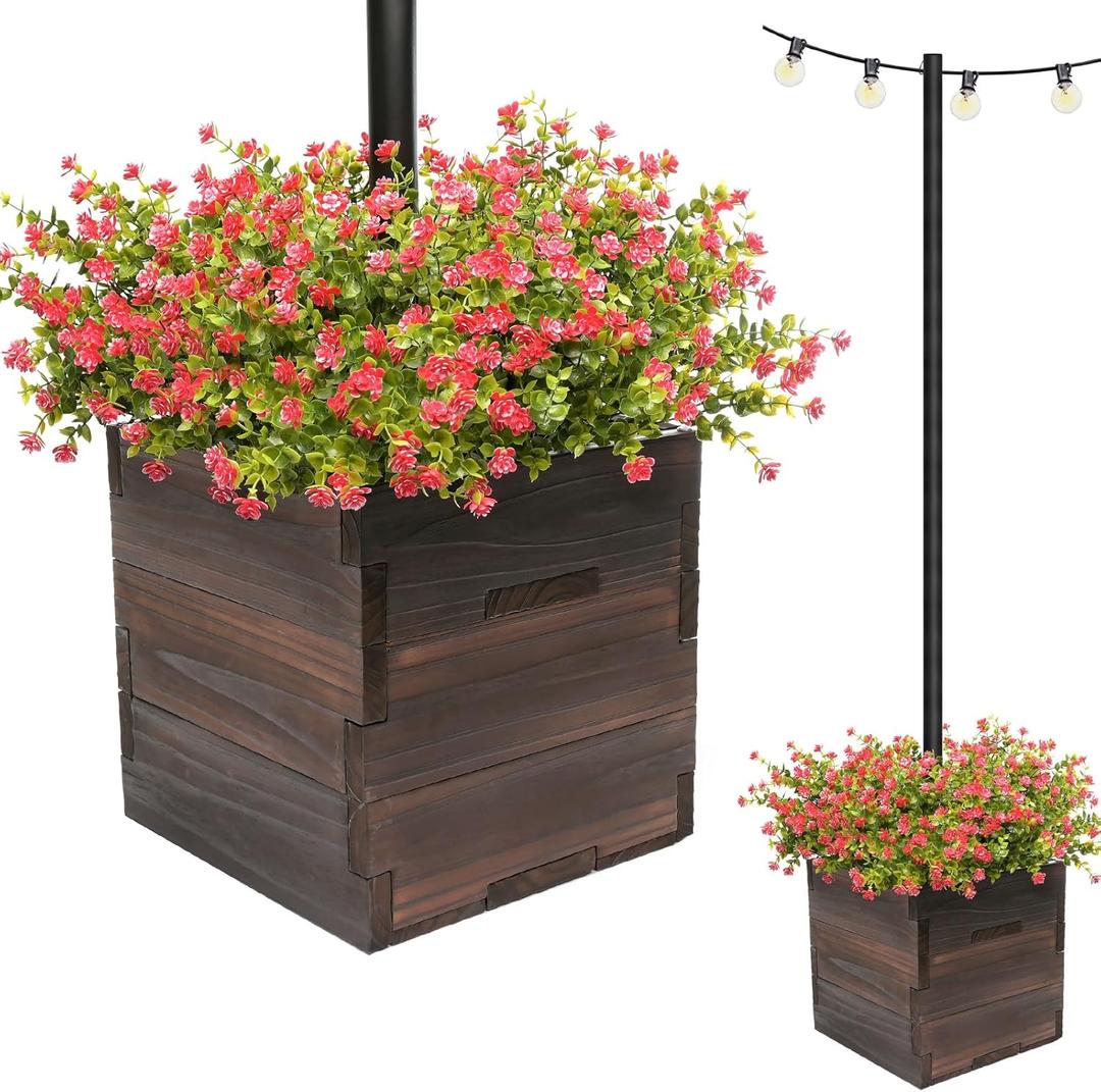 Extra Large Decorative Wooden Planter w/ Universal Pole Support for String Light Poles,Umbrellas,Bird Feeders. Solid Wood Outdoor Garden Patio Box for Plants(Does not include Pole), 17"x17"x18", Brown