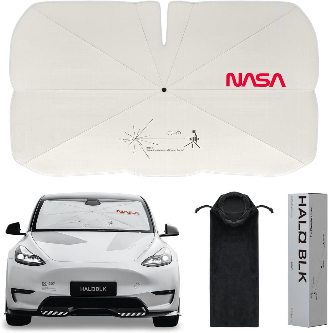 HALOBLK Reinforced Triple-Coated Windshield Sunshade Umbrella of The NASA Voyager-2 Mission Edition Designed for All Tesla Model Y Model 3 (2025 2024 2023 2022 2021) Accessories (Medium (54" x 35.4"))
