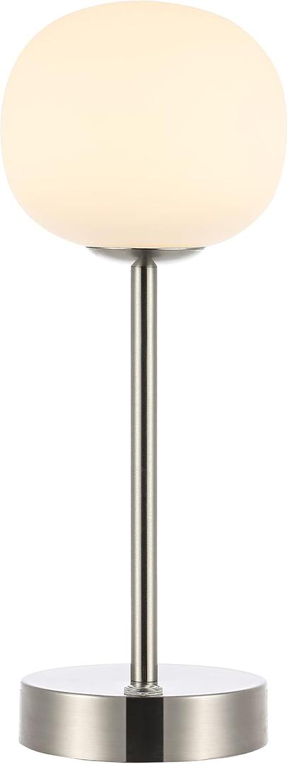 JONATHAN Y 12.25" Nickel Rechargeable Table Lamp, Modern Cordless LED Nightstand Lamp, White Glass Shade, Dimmable Portable Desk Lamp for Bedroom Living Room Dining JYL7108A