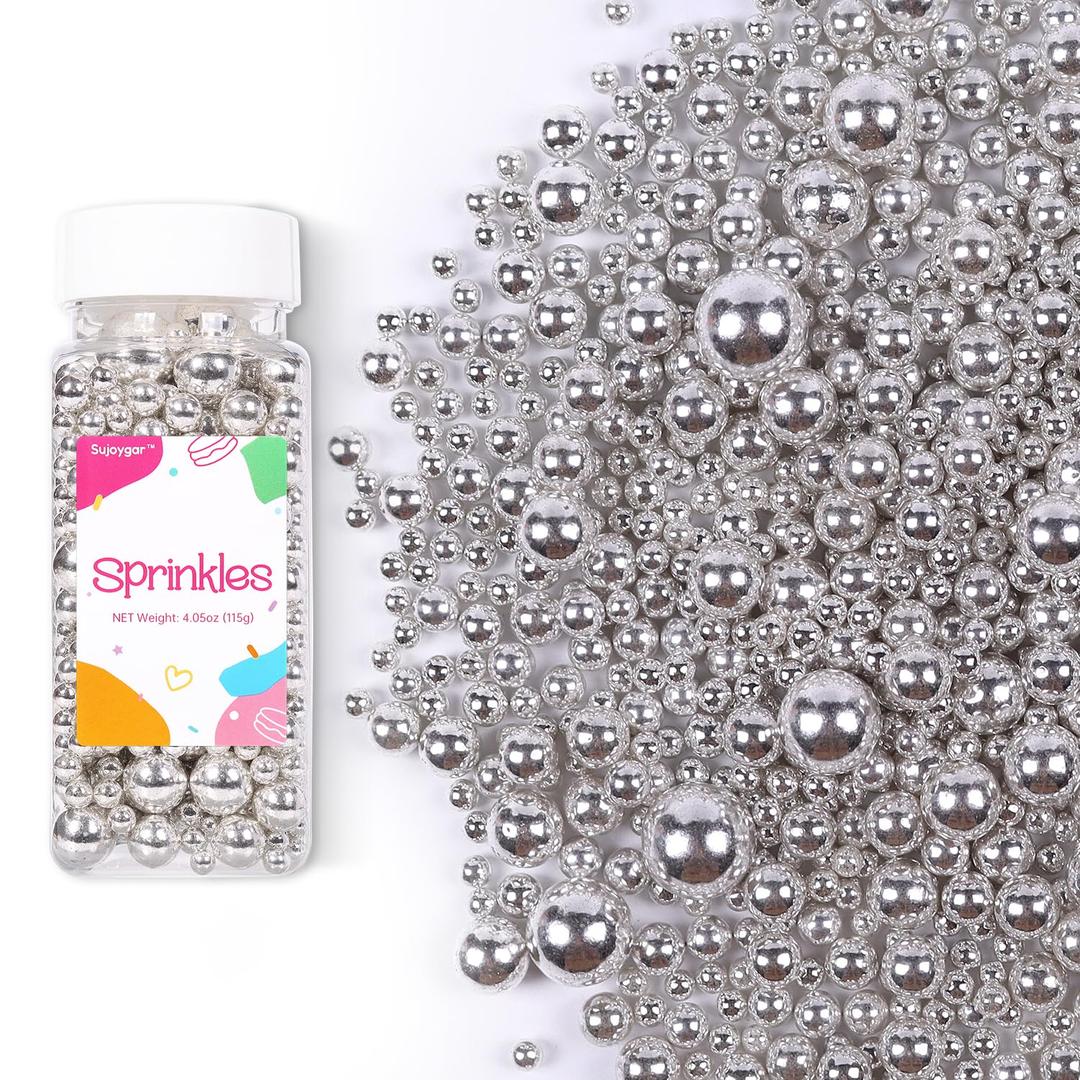 2 x Silver Pearl Sprinkles for Cake Decorating,Metallic Sprinkles for Cupcake Toppers Baking Cookie Ice Cream, Lover Birthday Celebrations Wedding Shower Party, 4.05oz