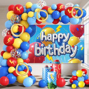 Cartoon Birthday Party Decorations Set - Red Yellow Blue Balloons Arch with Background for Boys Girls Kids