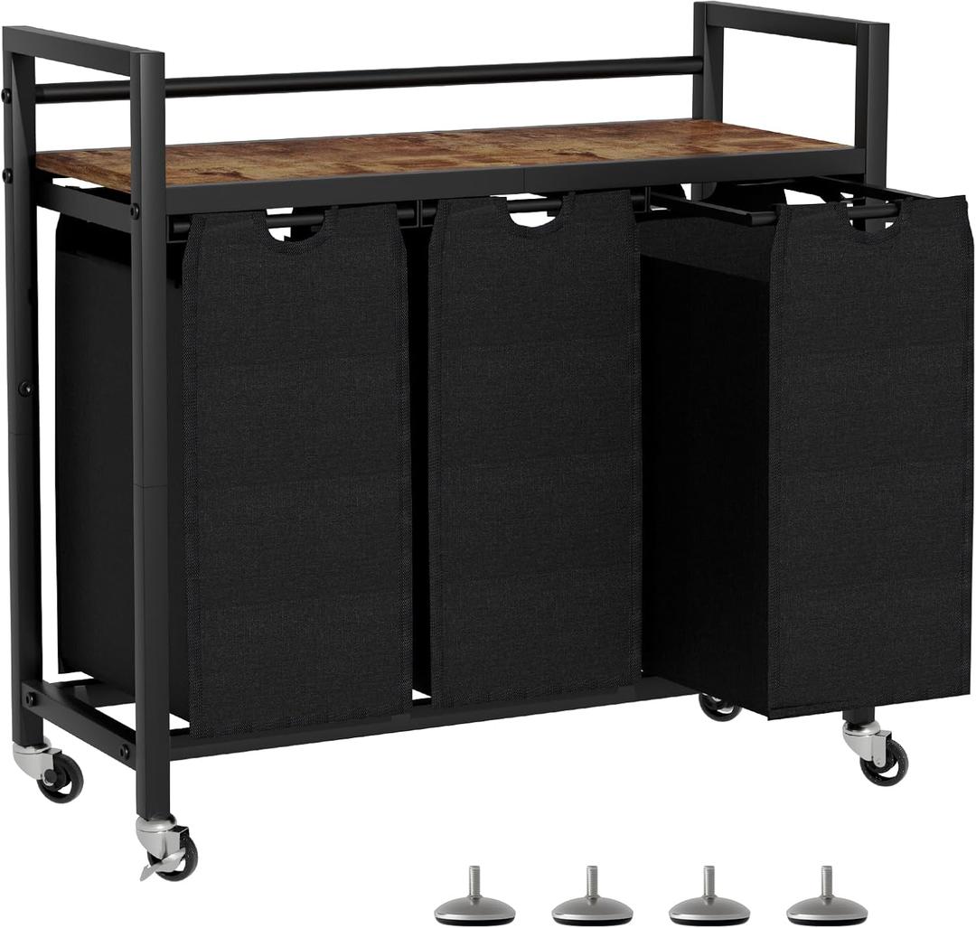 SwaaVee Laundry Hamper, Laundry Basket, Laundry Sorter with 3 Removable Bags, Clothes Basket with 3 Compartments, Wheels, Shelf for Laundry Room Bathroom Bedroom (3 BagsBlack)