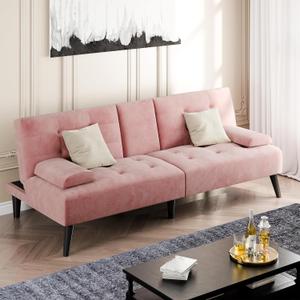 Shintenchi Futon Sofa Bed, Velvet Foldable Couch Reclining Sleeper w/Removable Armrests, Upholstered Loveseat w/Folding Cup Holders for Home, Office, Pink