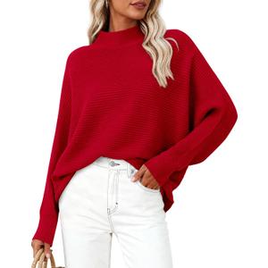 PRETTYGARDEN Womens Batwing Long Sleeve Sweaters Casual Mock Neck Ribbed Knit Cozy Pullover Sweater Tops 2026 Spring Clothes (Medium, Red)