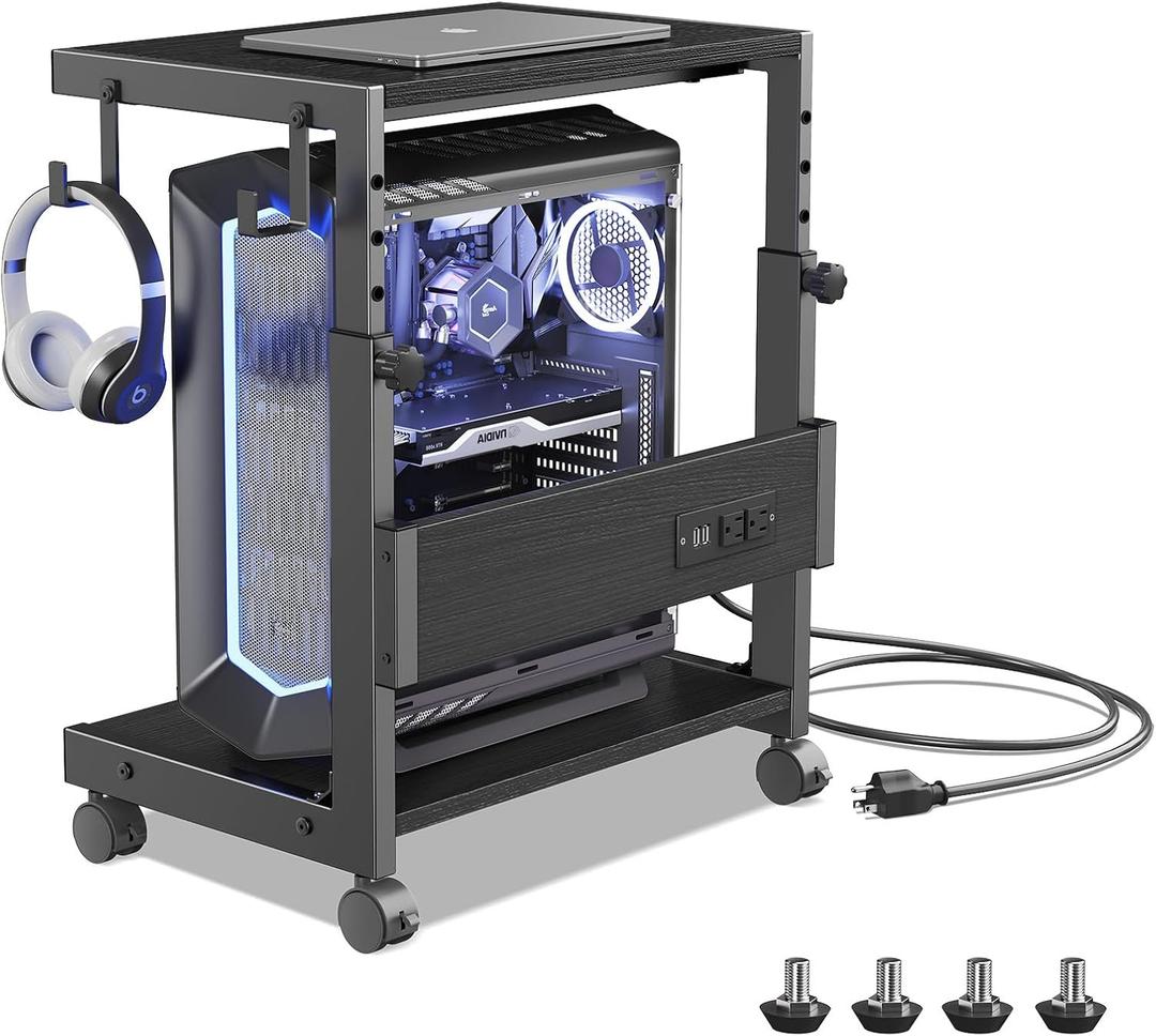 Computer Tower Stand with Charge Station and USB Charging Port - Height Adjustable PC Tower Stand, Under Desk CPU Holder Cart with Locking Caster Wheels for Fits Most PC (17.32", Black)