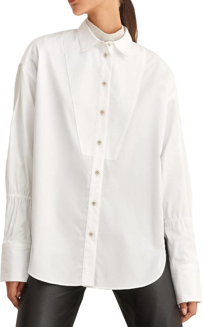 SUNNOW Women's Tuxedo Style Button Down Shirt Bib Tops Ruffle Long Sleeve Blouse Casual Dressy Outfits White (White, XL)