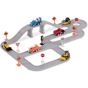 Driven by Battat  57-Pieces Construction Toy Playset with 6 Mini Cars (Crane, Dump and Cement Truck, Bulldozer, Steamroller, Front-end Loader)  Includes Tracks & Accessories  Gift for Kids