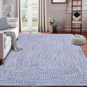 ROYHOME 8x10 Area Rug Machine Washable Rug for Living Room Print Braided Accent Rug Stain Resistant Non-Slip Carpet Farmhouse Solid Printed Textured Floor Cover for Home Decor, Blue
