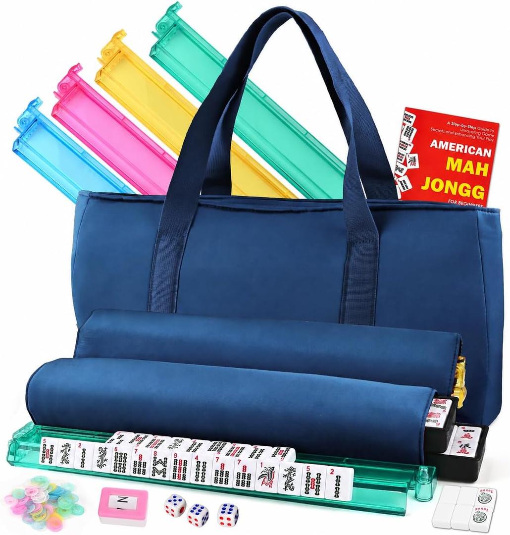 Goldge American Mahjong Set–166 White Mahjong Tiles 4 All-in-One Color Racks with Pushers, 3 Dice, Portable Blue Carrying Bag–Complete Mahjong Game Set, Navy Blue, 10 x 2 x 50 inches