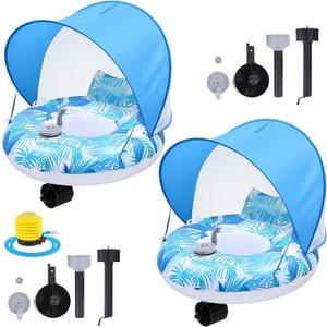 2 Sets Motorized Pool Float for Adults, Electric Inflatable Pool Lounger with Canopy, Float Chair Tube with Pusher Handles, Cup Holder, Foot Pump for Summer Swimming Party Beach Water Lake(Blue)
