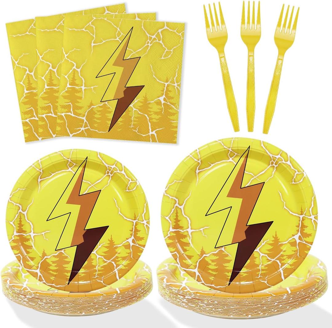96Pcs Lightning Birthday Decorations Plates Set 24 Guests Paper Plates Napkins Forks Party Supplies (Yellow)