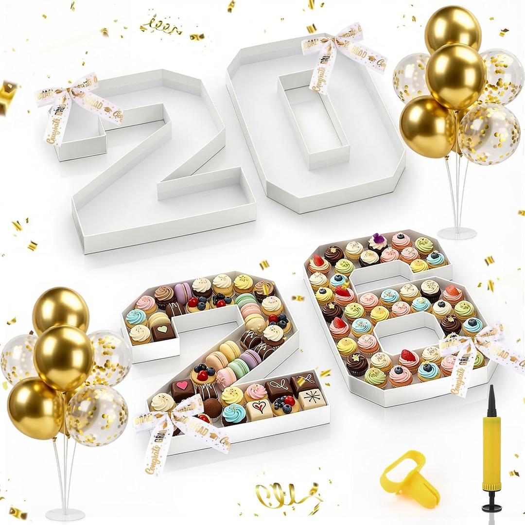 2026 Grad Cardboard Letters with 14 Balloons Bows Decorations 10'' Graduation Charcuterie Numbers Fillable Trays and 2 Balloon Stands for Graduation Party Supplies(White,2026)