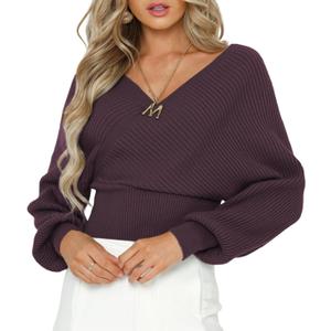 ZAFUL Womens V Neck Cropped Wrap Sweaters Drop Shoulder Lantern Sleeve Pullover Tops Winter Sexy Cross Ribbed Clothes (Large, 45_purple)