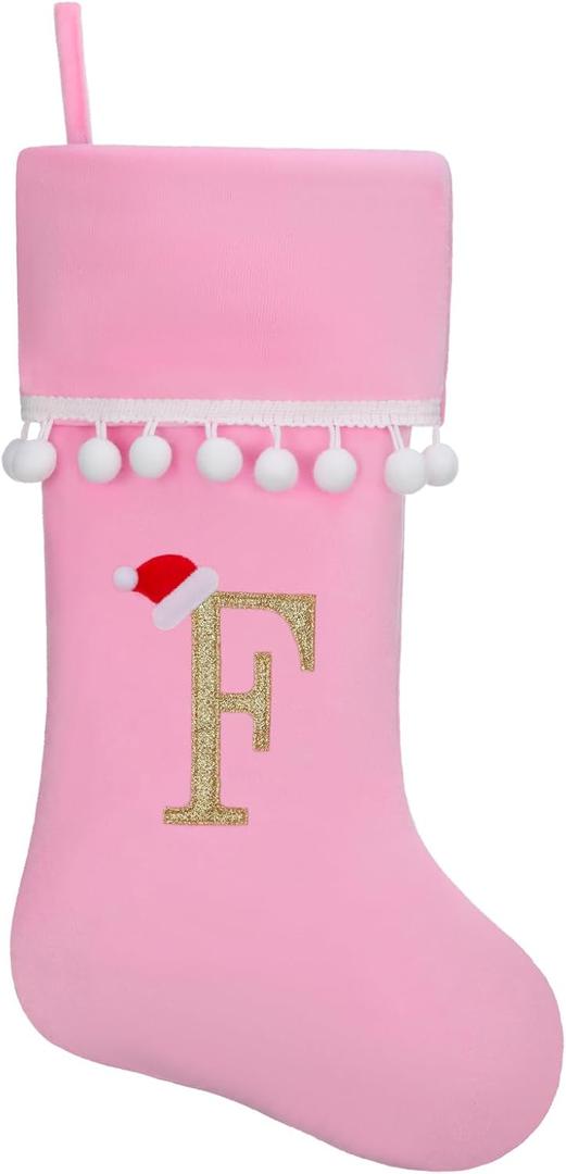 19 Inch Pink Velvet Stockings, Personalized Christmas Stocking, Embroidery Initial with White Pom Pom Trim, Holiday Fireplace Mantel & Xmas Party Decor, Letter F