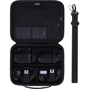L LTGEM Medium Camera Case Bag Compatible with Canon/Sony/Nikon DSLR Mirrorless Camera and Multiple Lens, Hard Travel Carrying Case with 3 Dividers and Shoulder Strap, Black