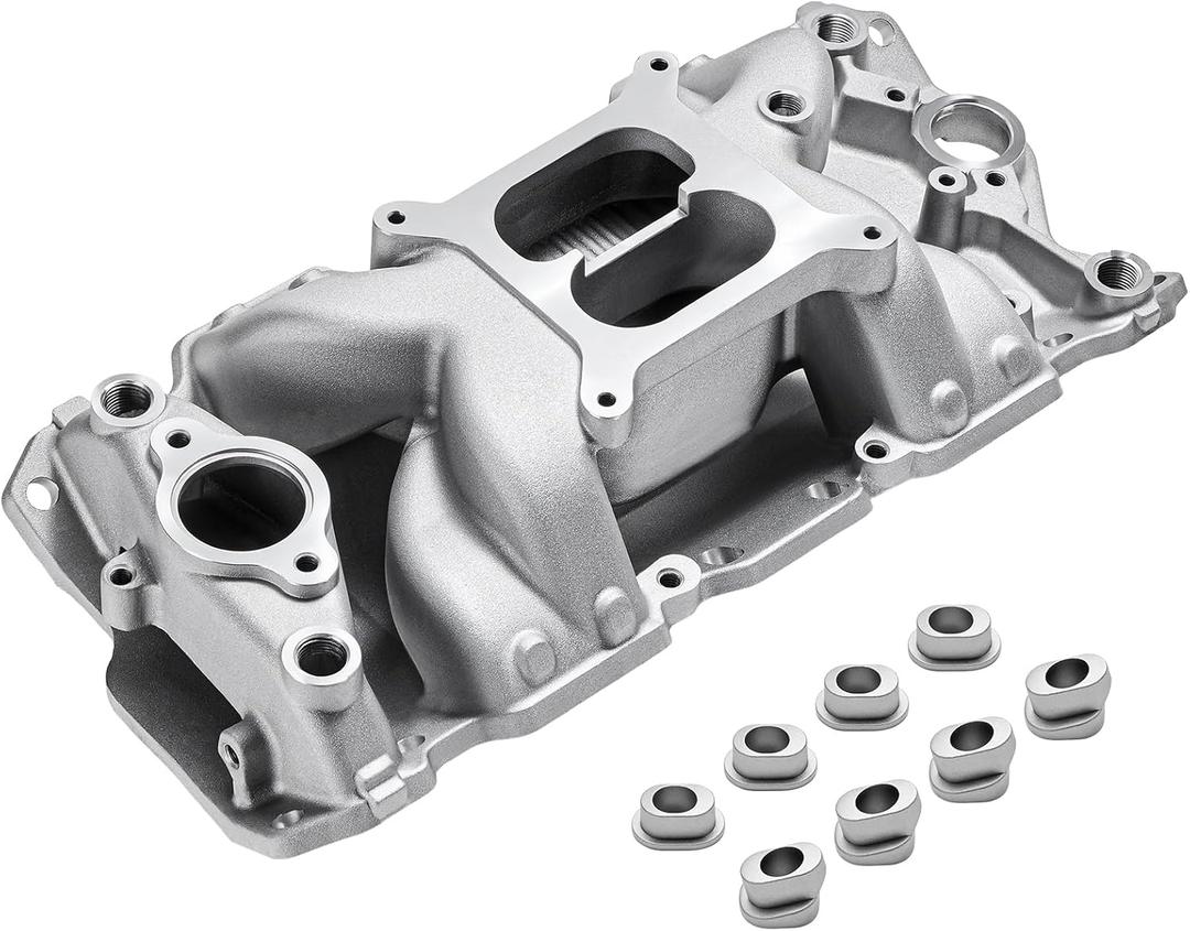 2026 7501 Intake Manifold Aluminum Performance Dual Plane Air-Gap Compatible with Chevy Small Block SBC 1955-86 262 265 267 283 302 305 307 327 350 400 V8 Engine, Silver