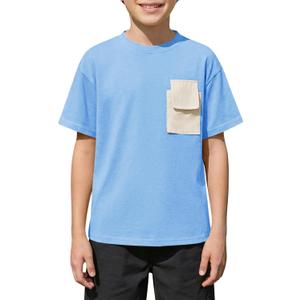 Boys Short Sleeve T Shirts Kids Fashion Crewneck Casual Tees Tops with Flap Chest Pocket 5-14 Years (Blue)