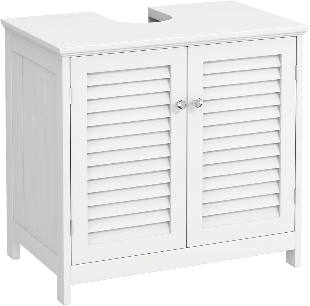 U-Shaped Pedestal Sink Storage Cabinet with 2 Doors & Shelf, Freestanding Bathroom Vanity Organizer Under Sink, 60cm Wide MDF Cupboard for Toiletries & Cleaning Supplies, White