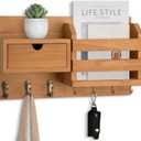 Lwenki Wall Mount Key Holder with Mail Organizer, 100% Paulownia Wood, 7 Metal Hooks, Storage Drawer, Entryway Home Decor (Light Brown)