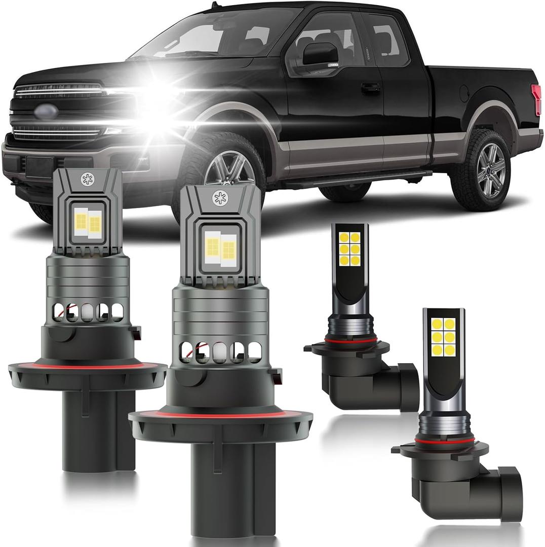 For 2004-2014 Ford F150 FOG Lights Bulbs Combo, 4pcs Super Bright White Dual Beam and Fog Lights Blubs Package, 1:1 Size as Stock Bulbs, Plug and Play