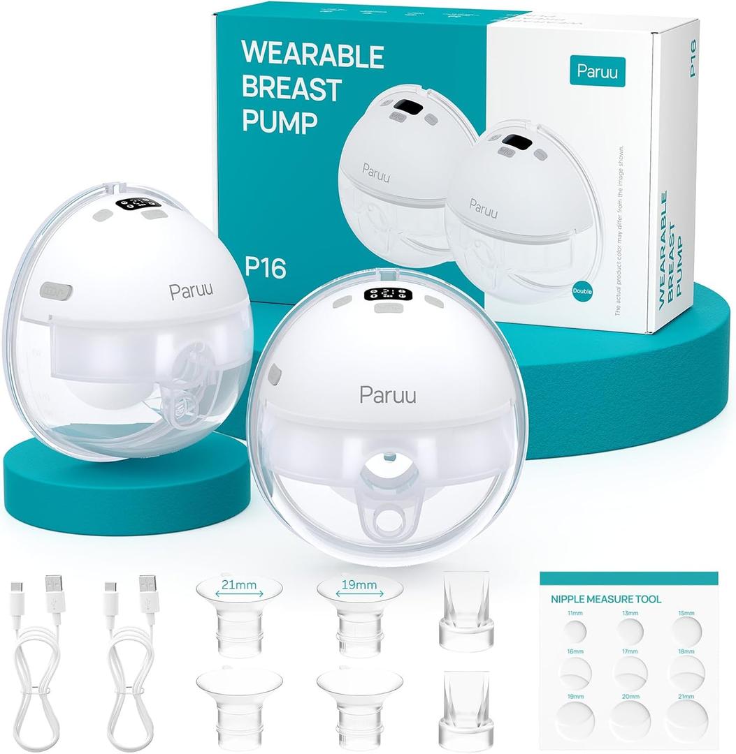 Paruu Hands Free Breast Pump P16, Wearable Breast Pump Electirc Portable with 4 Modes & 12 Levels, Max 309mmHg Strong Suction 19/21/24mm Flange Inserts Wearable Breastfeeding Pump, 2 Pack White