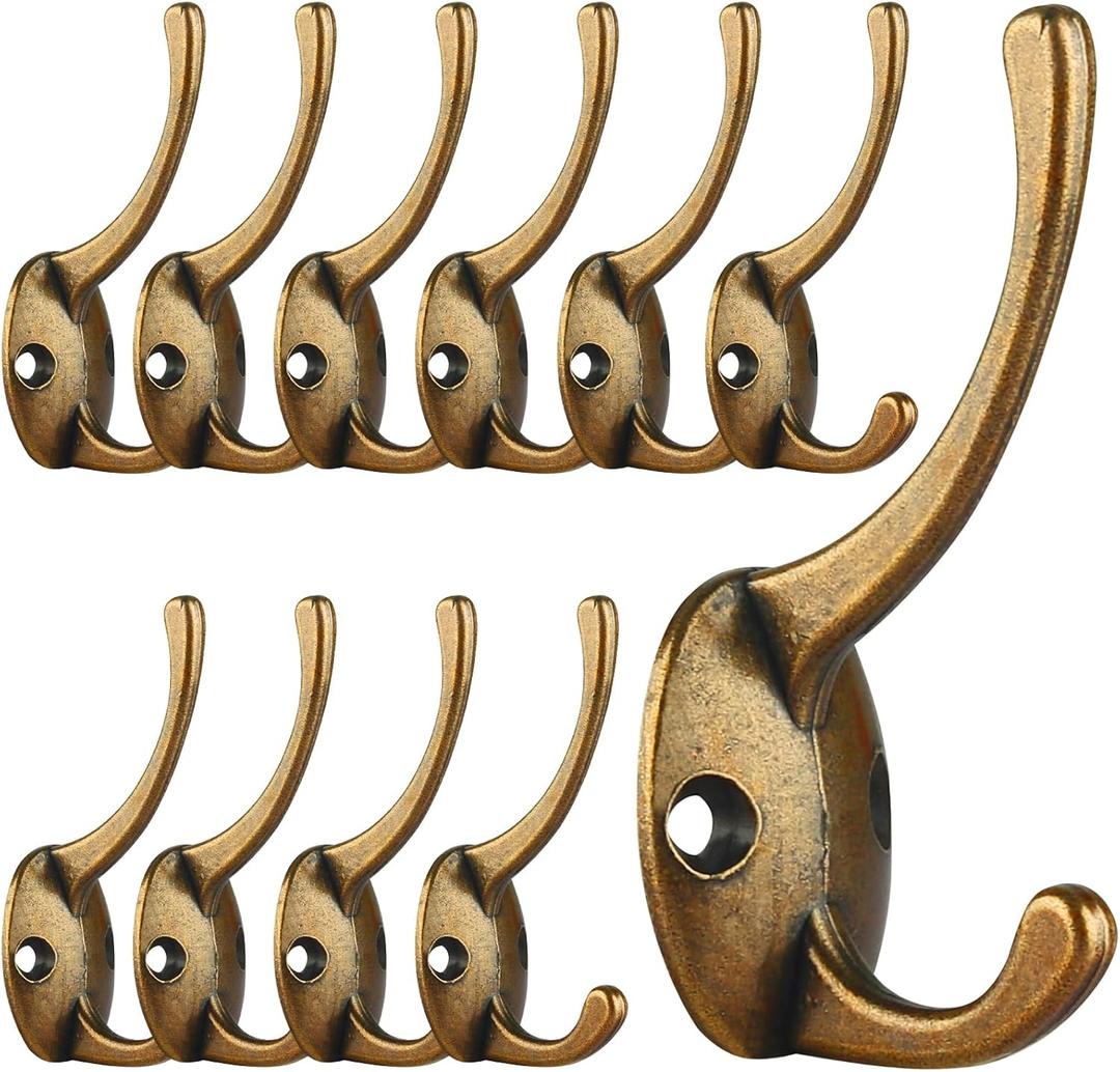 IBosins 12 Pack Antique Brass Coat Hooks Wall Mounted with 24 Screws Retro Double Hooks Utility Antique Brass Hooks for Coat, Scarf, Bag, Towel, Key, Cap, Cup, Hat