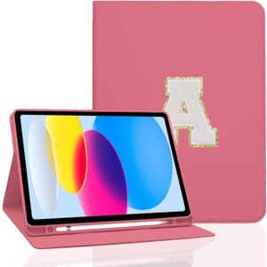 TopPerfekt for iPad 9th Generation 10.2 Inch 2021/ 2020/ 2019 Case, Initial Chenille Letter Suture, Personalized for iPad 9th/ 8th/ 7th Generation Case with Auto Sleep/ Wake, Pencil Holder (Rose Red, A)