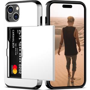 Nvollnoe Compatible with iPhone 15 Plus Case with Card Holder Heavy Duty Protective Dual Layer Shockproof Hidden Card Slot Slim Wallet Phone Cover for Women&Men 6.7 inch(White)